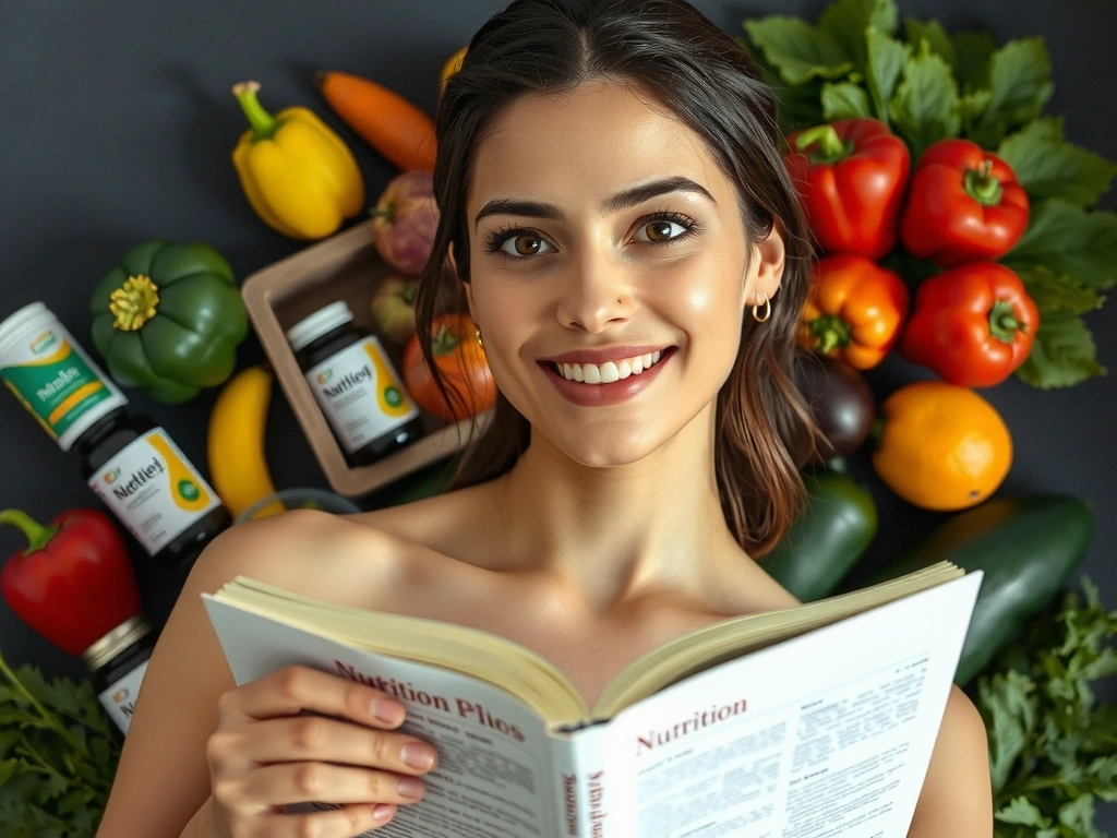 Mujer leyendo un libro sobre nutrición con vitaminas y minerales alrededor
