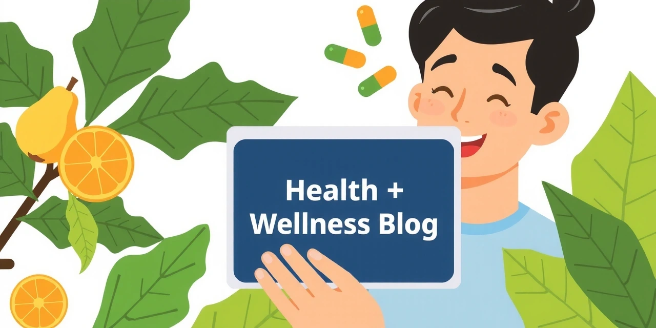 Ilustración de una persona leyendo un blog sobre salud con elementos naturales y vitaminas alrededor.