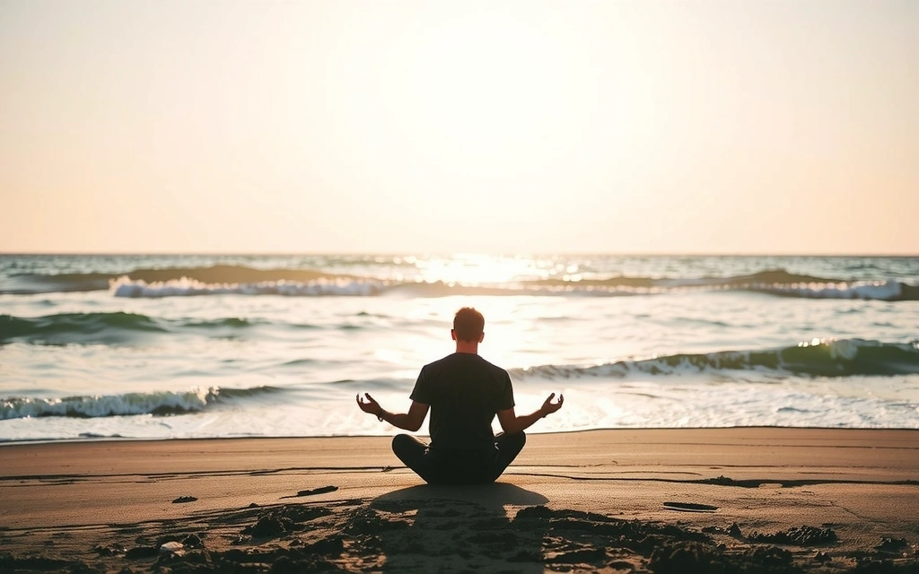 Una persona meditando al atardecer en una playa.