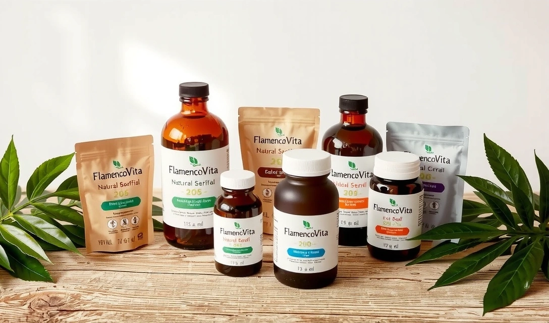 Variedad de productos naturales Flamencovitacx en un entorno sereno con hojas verdes
