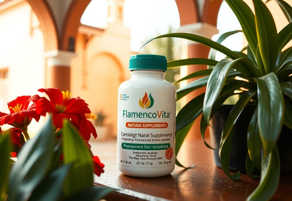 Botella de suplementos naturales de Flamencovitacx en un entorno natural andaluz, con luz cálida y elementos botánicos.